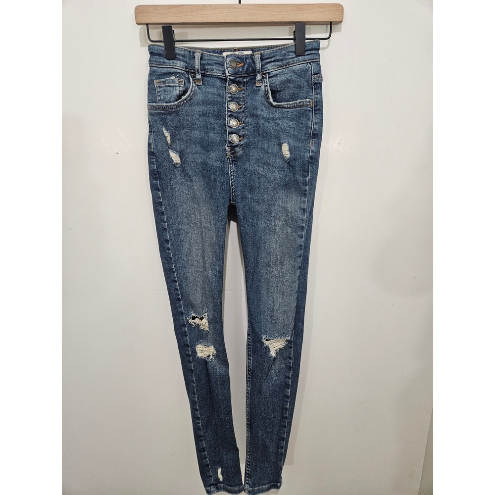We The Free Free People Skinny Jeans 25 Distressed High Rise Button Fly Blue